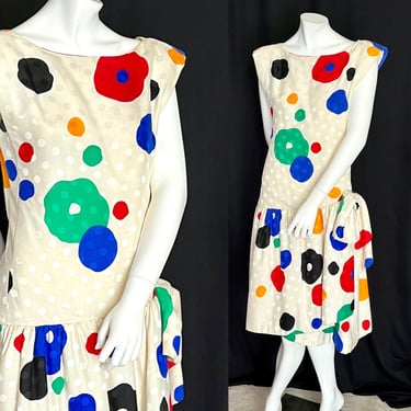 SO LUXE Vintage 80s Cocktail Dress, Abstract Print, Big Bow, Embossed, Pouf Skirt, Mollie Parnis Designer 