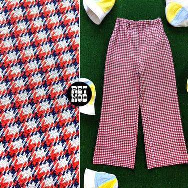 Retro Vintage 60s 70s Red Blue Houndstooth Polyester Pants 
