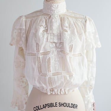 Romantic Edwardian Cotton Blouse With Polka Dot Netting / SM