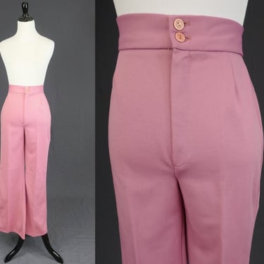 70s Pink Pants - 24" 25" waist - High Rise - Polyester Knit - Wide to Flare Leg - Sears Jr Bazaar - Vintage 1970s - 31" inseam 