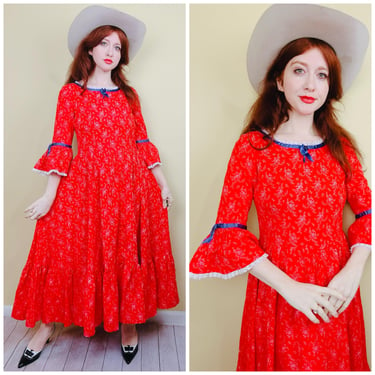 1970s Vintage Red Floral Cotton Bell Sleeve Dress / 70s Ribbon Trim Pioneer Prairie Gown / Size Large 