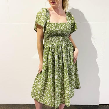 Block Printed Cotton Dress, Hand Block Print Midi Dress, Cotton Flutter Sleeve Summer Dress, Green Floral, Smocked Elastic Bodice Dress 