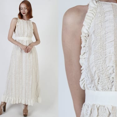 California Charmer Cottagecore Pinafore Dress Off White Apron Vintage 70s Americana Open Back Maxi Dress 