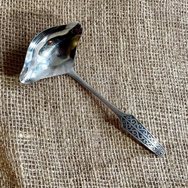 Mid Century Modern Gravy Ladle or Sauce Spoon, Stanley Roberts, Stainless Steel, Japan, Double Spout, Discontinued, Filigree Scroll Handle 