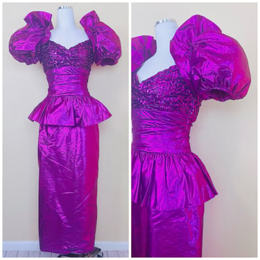 1980s Vintage Purple Lame Sequin Peplum Party Dress / 80s Puffed Sleeves Metallic Maxi Length Prom Dress / Small - Medium 