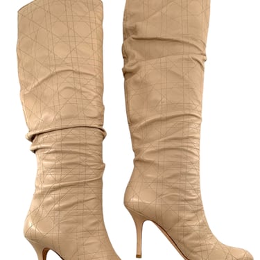 Christian Dior Quilted Cannage Beige Leather Knee High Stiletto Boots, New/Old