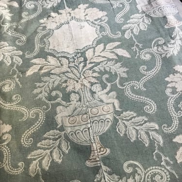 19th C French Printed Linen Curtain Panels, Celandine Green, Floral Print, Period Sewing Project Textiles, Faded Grandeur, Chateau Decor 