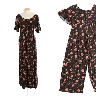 90s dark floral rayon jumpsuit 