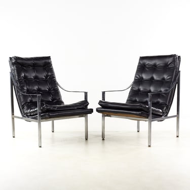 Milo Baughman Style Mid Century Chrome Tufted Lounge Chairs - Pair - mcm 