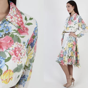 70s Garden Floral Dress Simple Airy Secretary Winged Collar Full Skirt Mini 