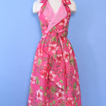 Hot Pink Hibiscus Halter Dress L