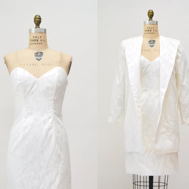 90s Vintage White Strapless Dress Jacket 90s White Suit Dress Blazer Small Medium White Wedding Suit Jacket Strapless Dress Alyce Design 