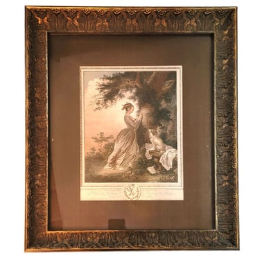1786 Antique NICOLAS DE LAUNAY after Jean-Honore Fragonard Hand Colored Etching, Le Chiffre d'Amour The Souvenir Young Lady, love note & Dog 