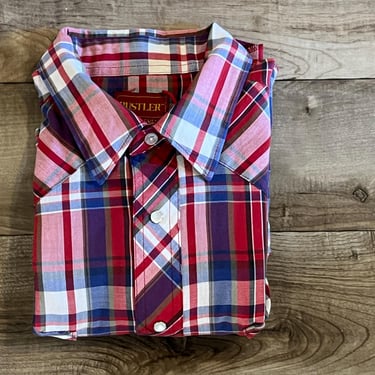 vintage plaid pearl snap shirt 70s red and navy button down men's rockabilly shirt large 