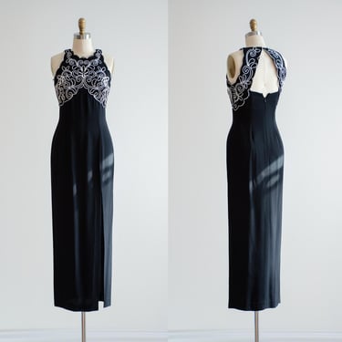 long black dress 80s 90s vintage Scott McClintock embroidered keyhole back gown 