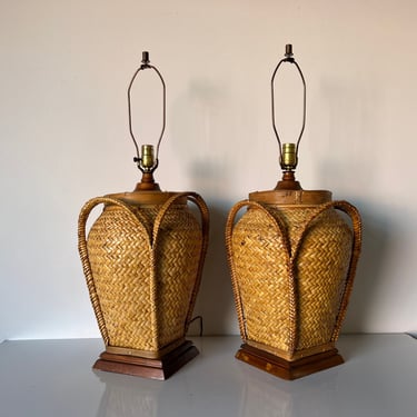 Vintage Hand Woven Chevron Pattern Base Rattan Table Lamps - a Pair 