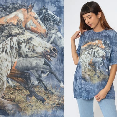 Wild Horse Shirt Y2K Tie Dye Black Hills South Dakota Graphic Tee Animal T-Shirt Retro Cowgirl TShirt Wildlife Nature Blue Vintage 00s Large 
