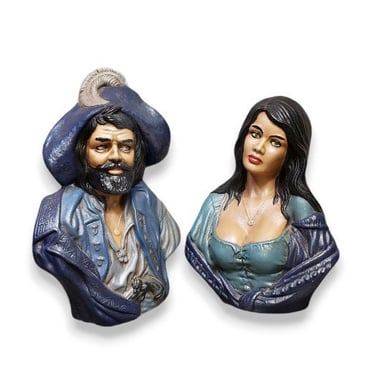1970s Vintage Pirate & Wench Busts, Ceramic Holland Mold Man and Woman Heads, Swashbuckler, Buccaneer, Vintage Nautical Home Decor 