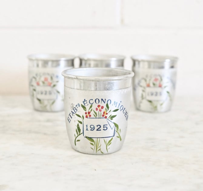 set of french hand painted commemorative aluminum cups