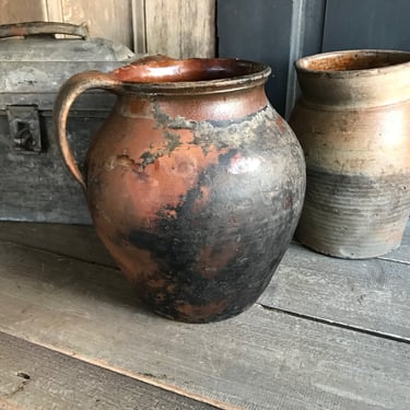 Antique Pottery Jug, 19th C Terra Cotta Pot, Earthenware, Redware, Partial Slip Glaze, Rustic European Farmhouse 