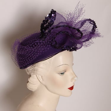 1980s Purple Tulle Veil and Sequin Detail Formal Hat 