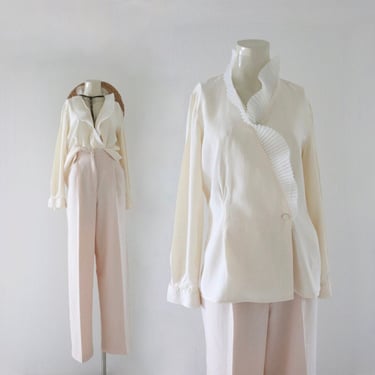 silk ruffle top - s - vintage 90s y2k cream white ivory long sleeve romantic womens size small feminine top blouse 