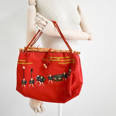 Vintage Asian Print Canvas Handbag 