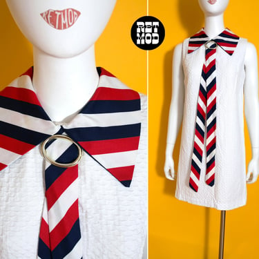 Sassy Vintage 60s 70s White Mod Mini Dress with Red Blue Stripe Tie 