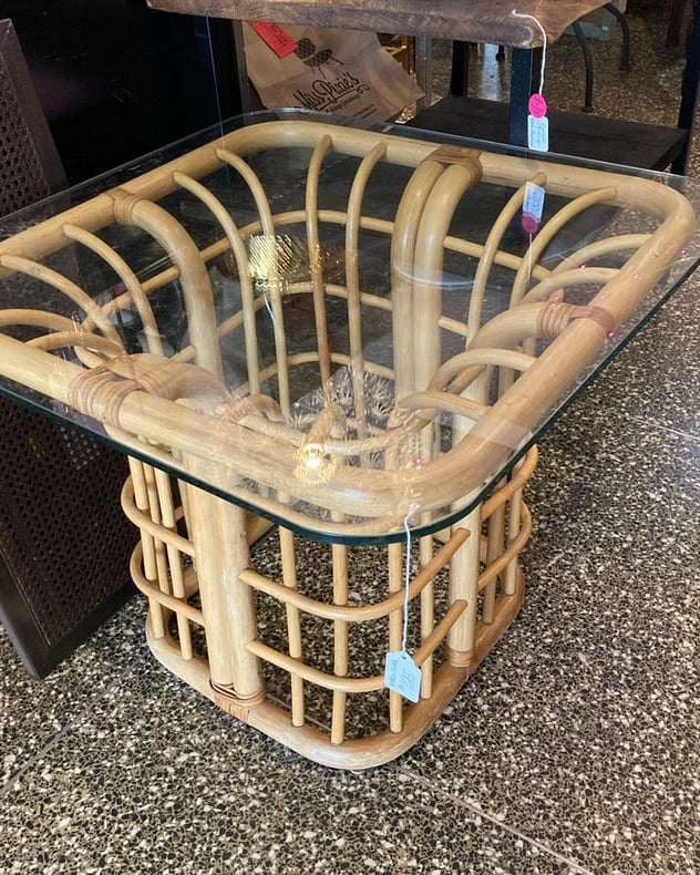 Glass top rattan table 26” x 26” x 21” Call 202-232-8171 to purchase 