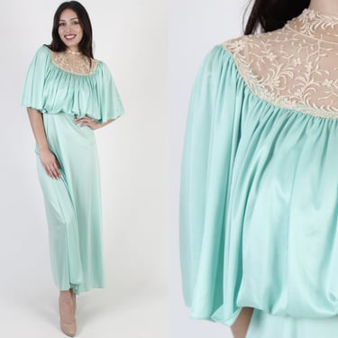 Long Mint Grecian Goddess Dress / Vintage 70s Draped Loose Lace Neckline / Sheer Floral Gothic Medieval Maxi Frock 