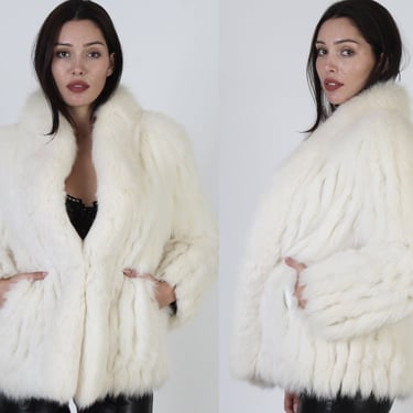 SAGA Cream Fox Fur Jacket / Womens Arctic Apres Ski Coat / Vintage 80s Off White Plush Fur / Ivory Shawl Collar Leather Corded Overcoat 