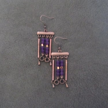 Purple sea glass and copper chandelier earrings 