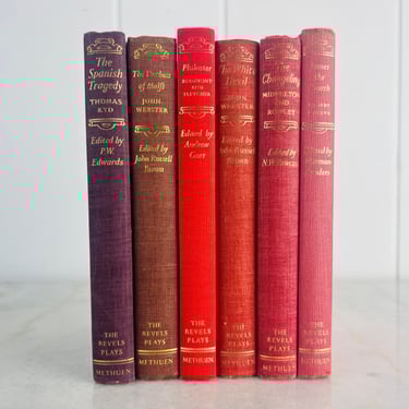 Vintage Bookshelf Decor, Set of 6, The Revel Plays, Methuen, London, '50s-'60s, books by colour pink purple, instant library, shelf styling 