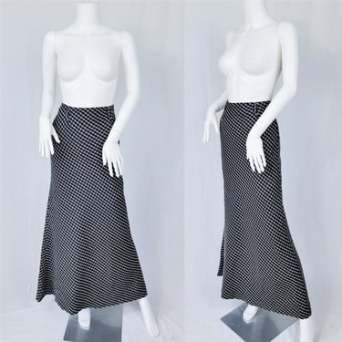 1990's Black White Plaid Checkered Long Bias Cut Skirt I Sz Med 