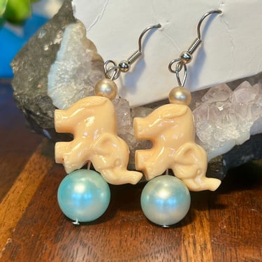 Vintage Elephant On Ball Earrings Faux Pearl Retro Plastic Jewelry Circus Animal 