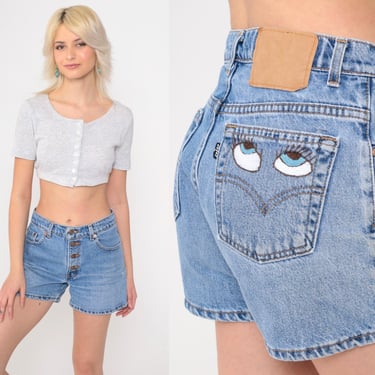 90s Levis Jean Shorts Embroidered Eyes Denim Shorts Blue High Rise Button Fly Shorts Retro Levi Strauss Vintage 1990s Small Jr 