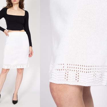 Med-Lrg 90s White Pointelle Knit Mini Skirt | Vintage High Waisted Knee Length Pencil Skirt 