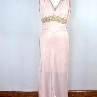 Vintage 30s 40s Bias Cut Nightgown / 1940s 1930s Pink Satin Lace Slip Dress / Vintage 30s Slip Lingerie Negligee / Pin Up Pinup Large Medium 