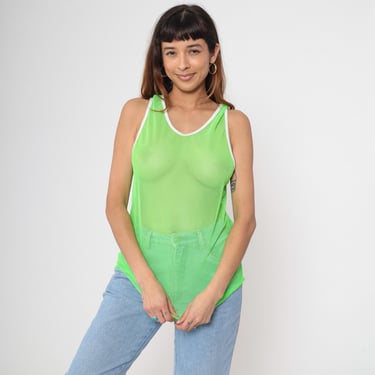 Vintage Neon Green Mesh Tank Top 90s Sheer Racerback Shirt Plain Retro Sleeveless Top Sports Gym Style Clubwear OS Small Medium Large 