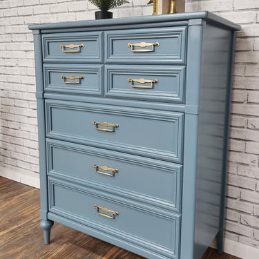 Available!! Blue Midcentury Neoclassical Modern Dresser / Chest of Drawers 
