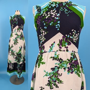 Seventies Bleeker Street Small Sleeveless Floral Print Maxi Dress - 70s Maxi Dress 