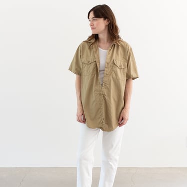 Vintage Lightweight Khaki Short Sleeve Button up Work Shirt | Unisex Tan Beige Simple Studio Shirt | Cotton Poplin Painter Smock | L | K001 