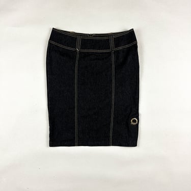 y2k Bisou Bisou Stretch Midi Denim Skirt / Toggle Detail / Side Slit / Jean Skirt / 00s / Millenium / Bratz / Contrast Stitching / Size 12 