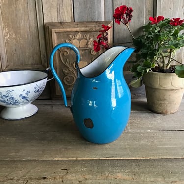 French Blue Enamel Pitcher Chippy Jug Vase French Farmhouse Garden Decor 