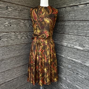 1950s paisley day dress autumnal sleeveless frock medium 