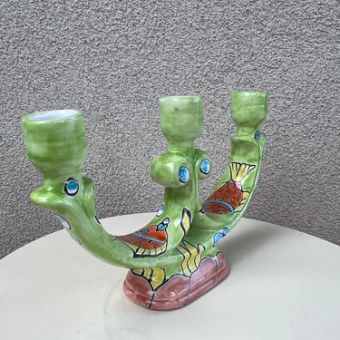 Vintage ceramic pottery candelabra stand two arm 3 holders neon green colors Fish theme 