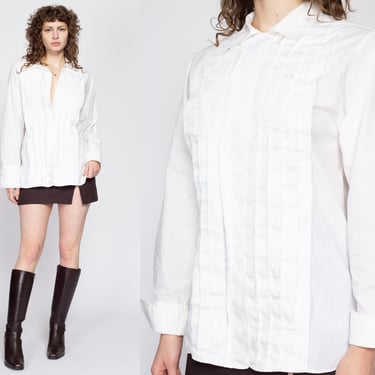 Large 70s White Pleated Cufflink Blouse | Retro Vintage Long Sleeve Collared Button Up Top 