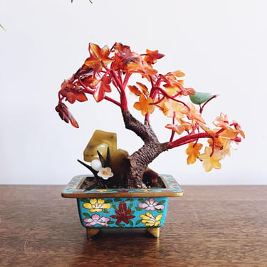 Vintage Chinese Carnelian Crystal Maple Tree in Enamel Pot 