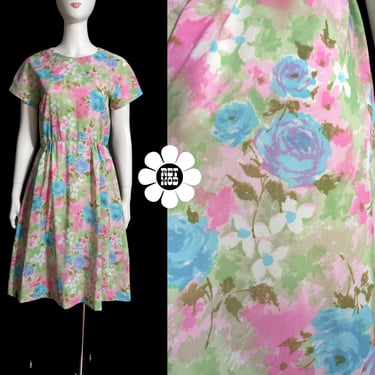 Sweet Vintage 60s Pastel Pink Green Blue Floral Fit and Flare Dress 