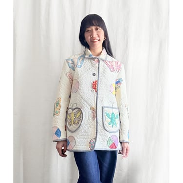 Quilt Oversized Chore Jacket - vintage 1940s butterfly appliqué quilt white red blue yellow women's winter long coat blazer one-of-a-kind 